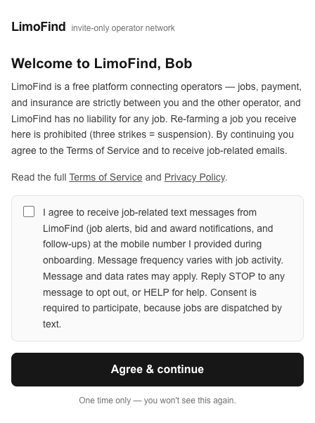 LimoFind first-visit consent screen with unchecked SMS consent checkbox